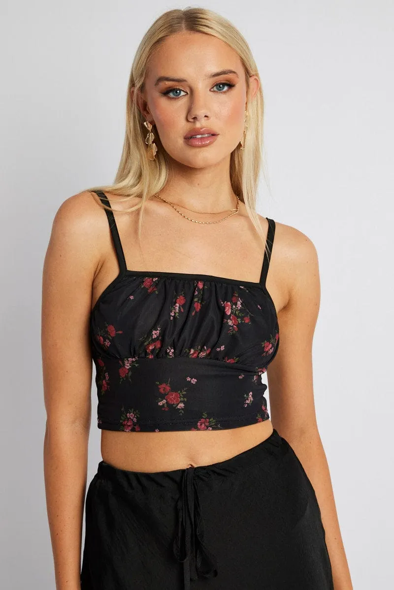 Black Floral Crop Top Singlet Mesh