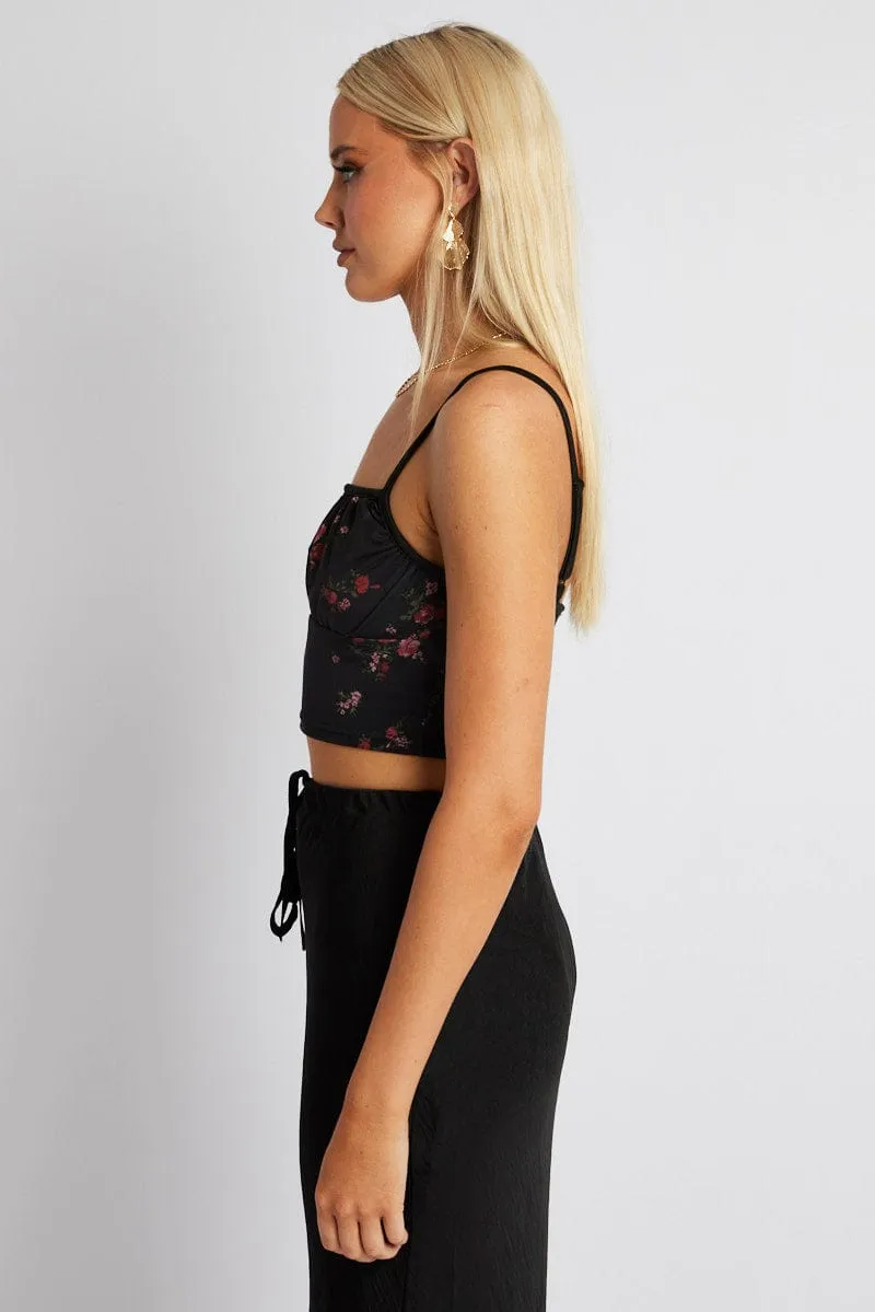 Black Floral Crop Top Singlet Mesh
