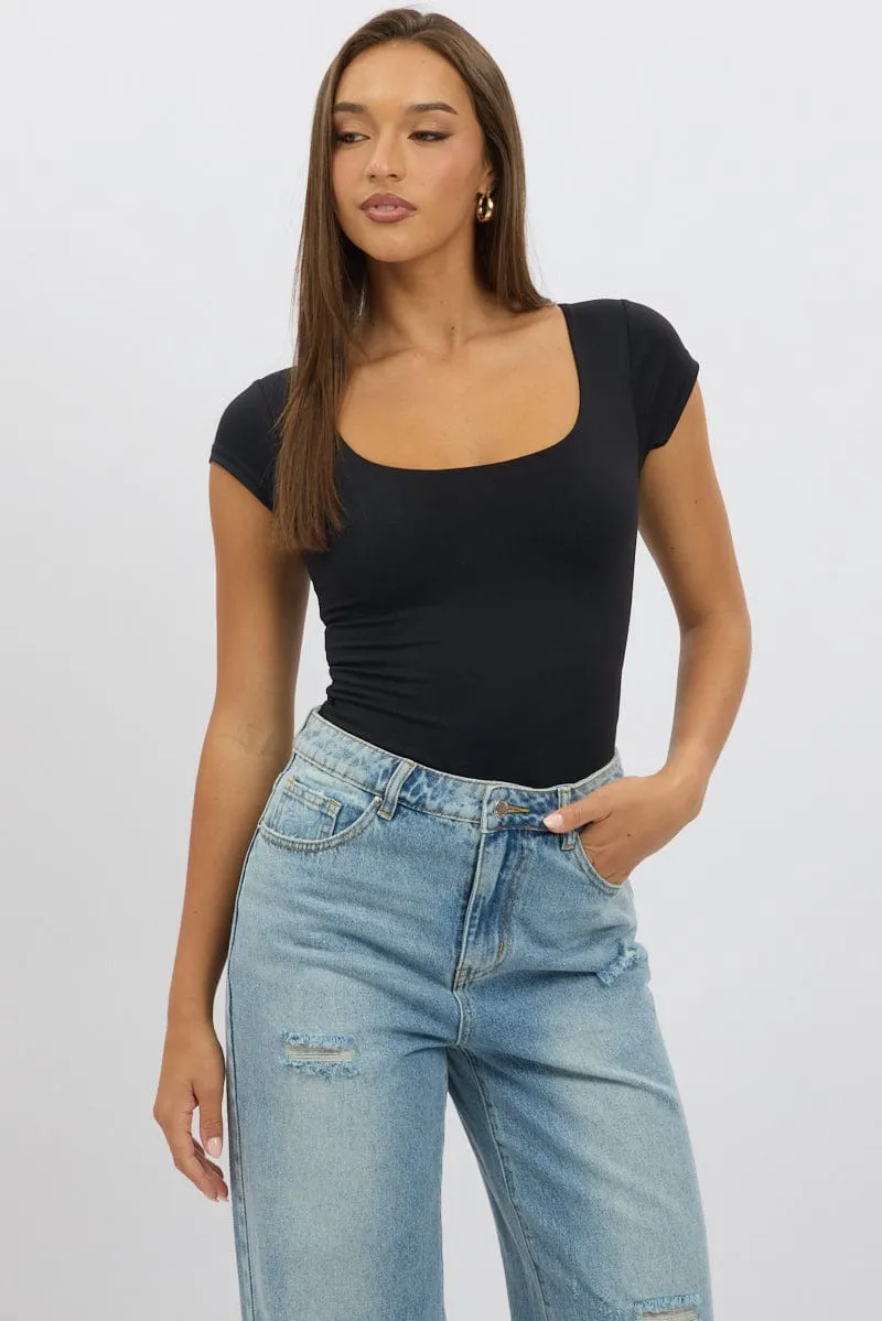 Black Supersoft Square Neck Cap Sleeve Top Double Layer