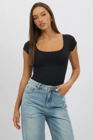 Black Supersoft Square Neck Cap Sleeve Top Double Layer