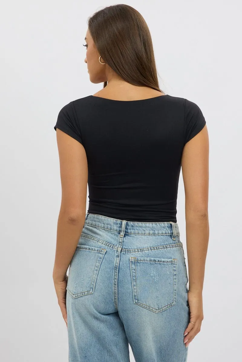 Black Supersoft Square Neck Cap Sleeve Top Double Layer