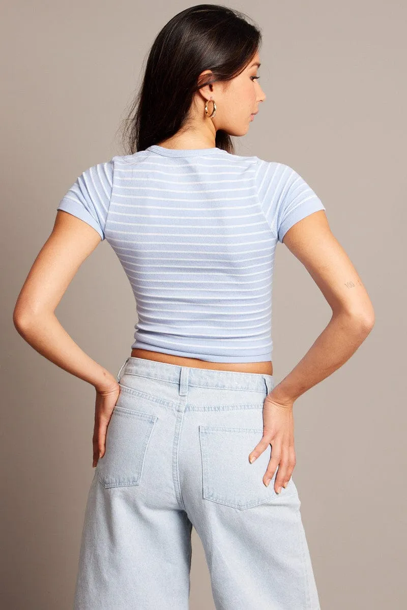 Blue Stripe T Shirt Short Sleeve Crew Neck Seamless