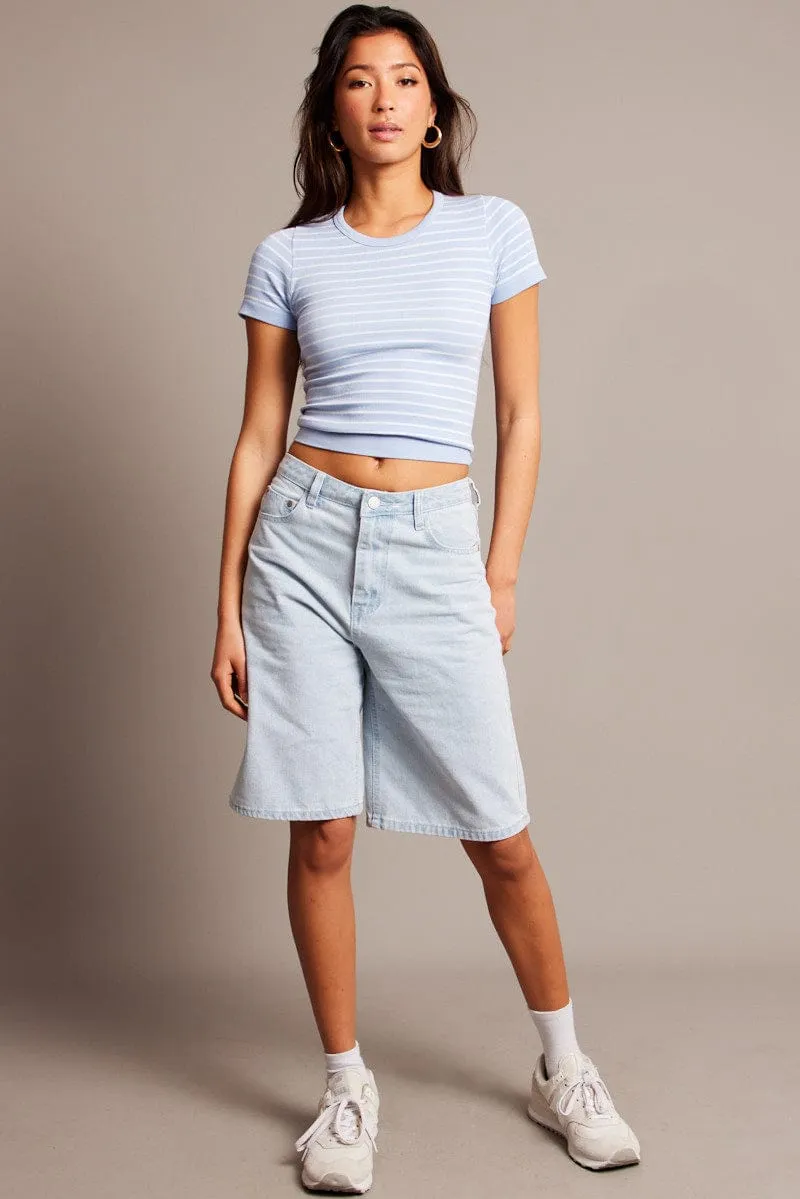 Blue Stripe T Shirt Short Sleeve Crew Neck Seamless