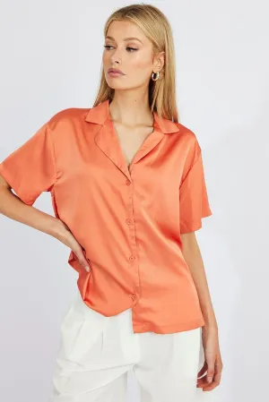 Brown Satin Shirt Short Sleeve
