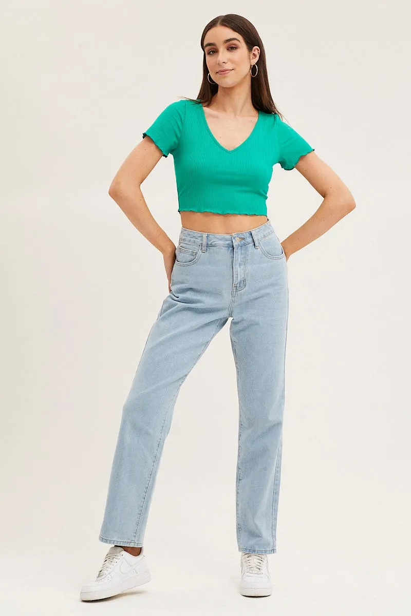 Green V Neck Lettuce Edge Baby Tee