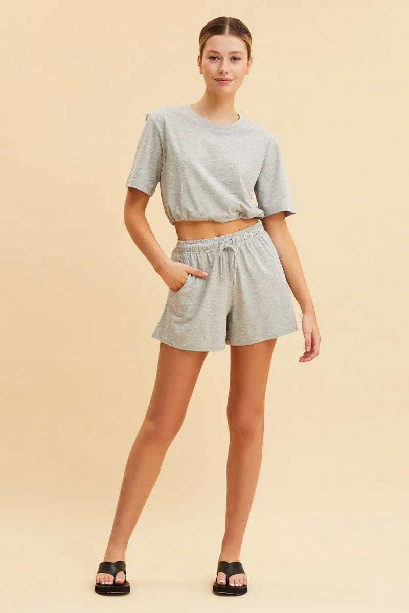 Grey Cropped T-Shirt Short Sleeve Drawstring Hem