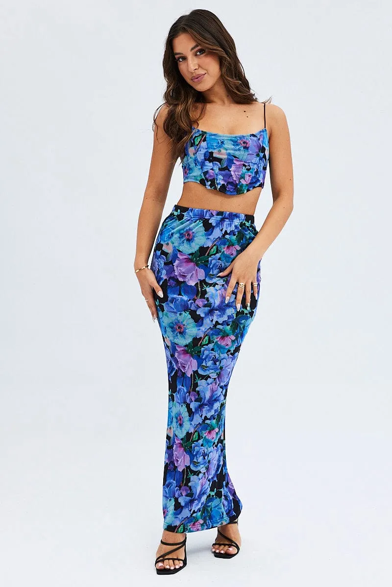 Multi Floral Mesh Boned Corset Strap Top