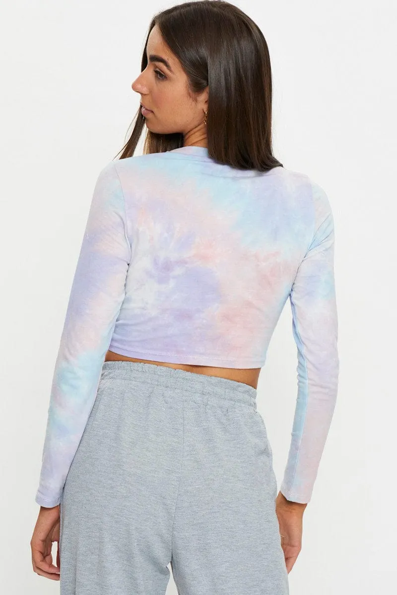 Multi Long Sleeve Tie Dye Jersey Knot Front T Shirt