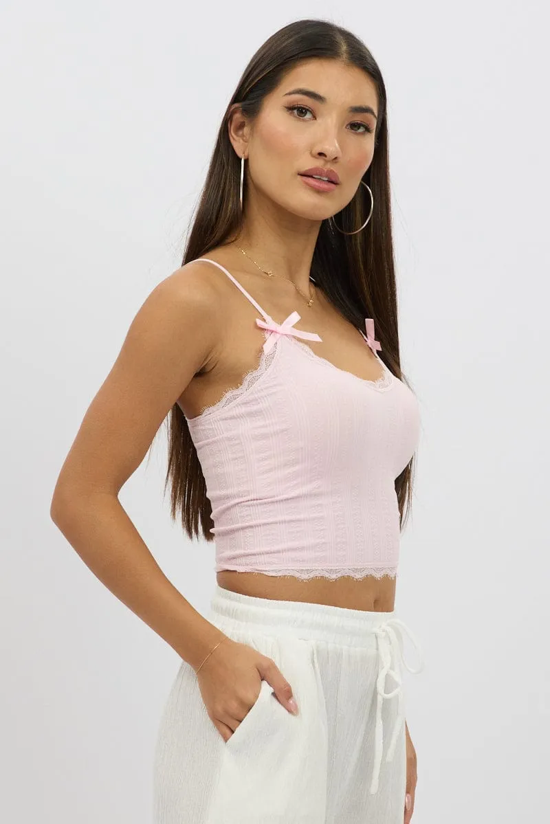 Pink Cami Top Ribbon Lace Neck