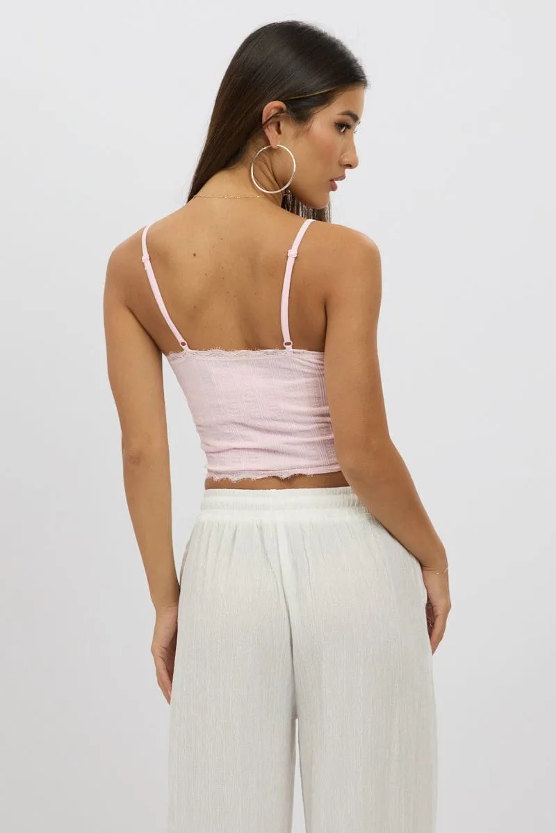Pink Cami Top Ribbon Lace Neck