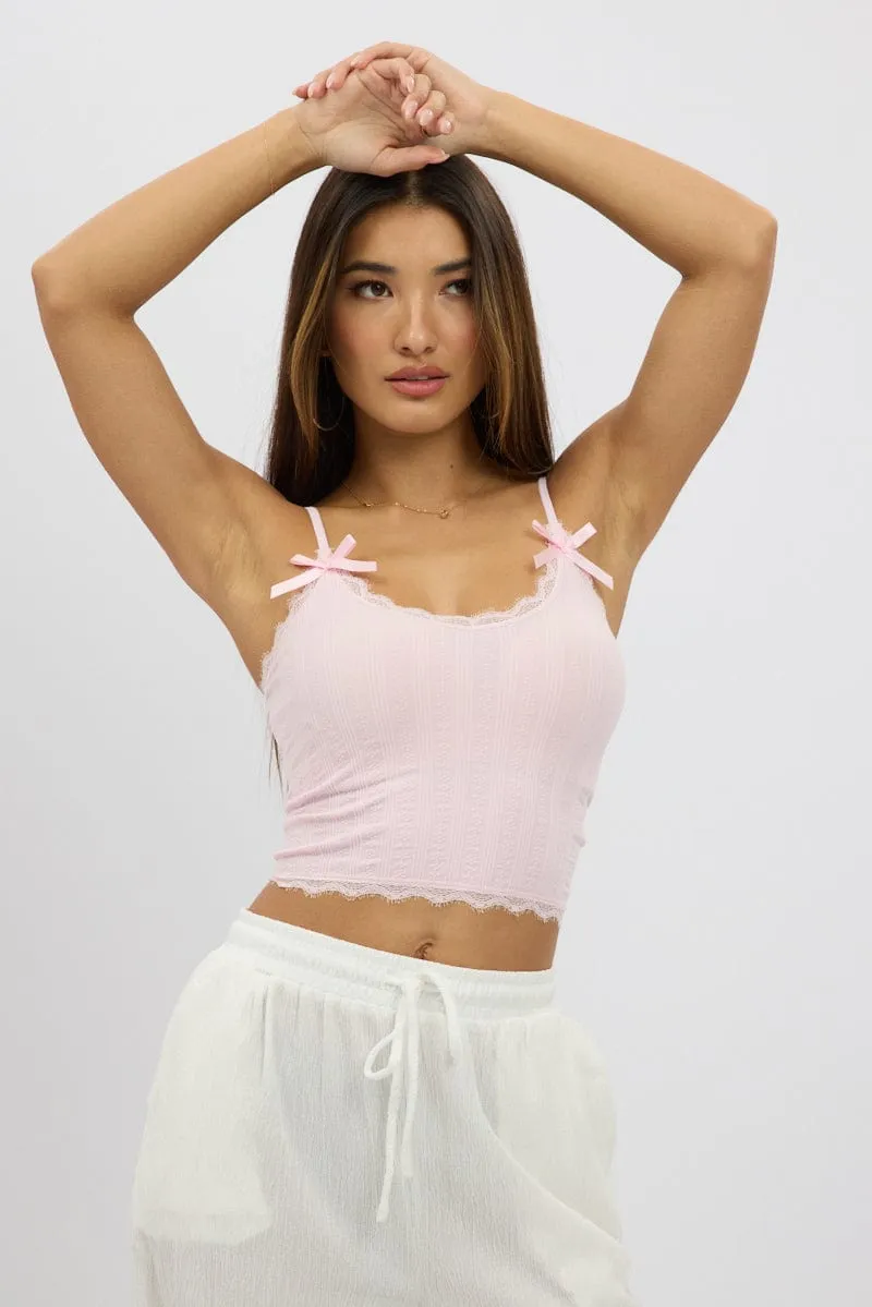 Pink Cami Top Ribbon Lace Neck