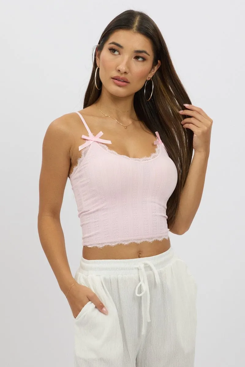 Pink Cami Top Ribbon Lace Neck