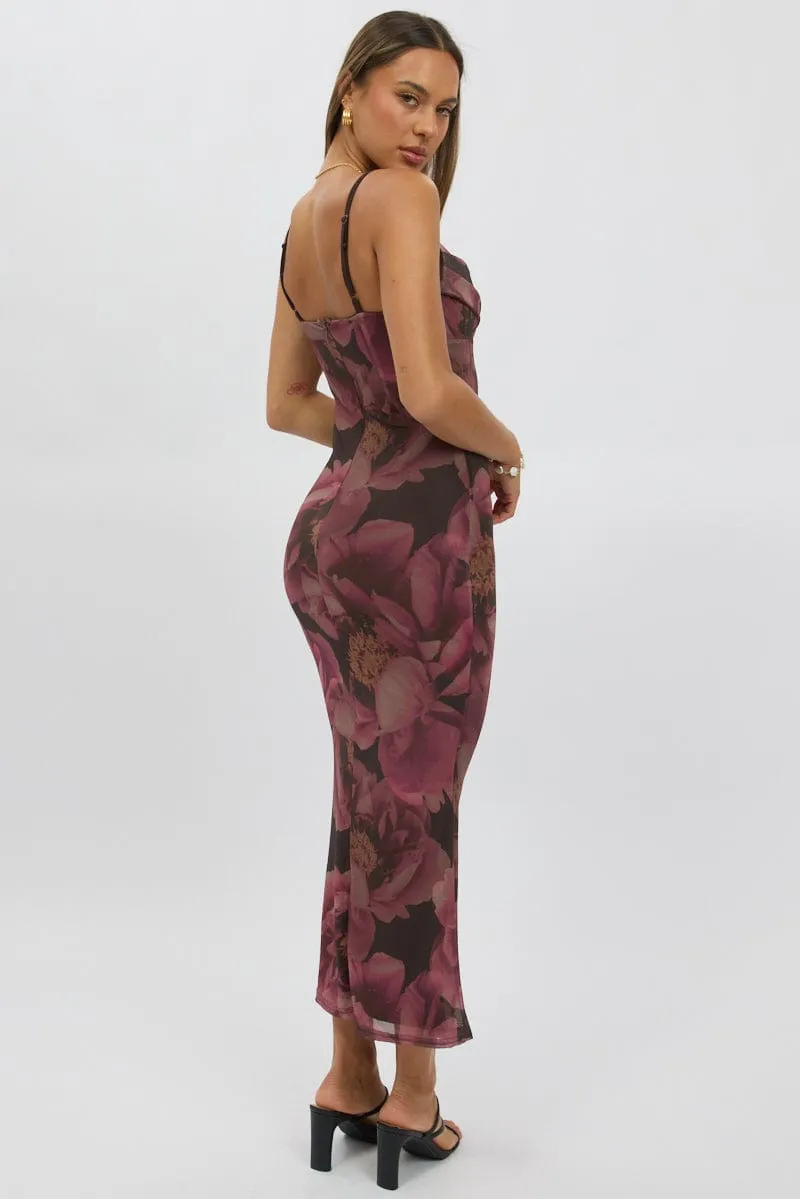 Pink Floral Bodycon Dress Singlet Cowl Neck Maxi