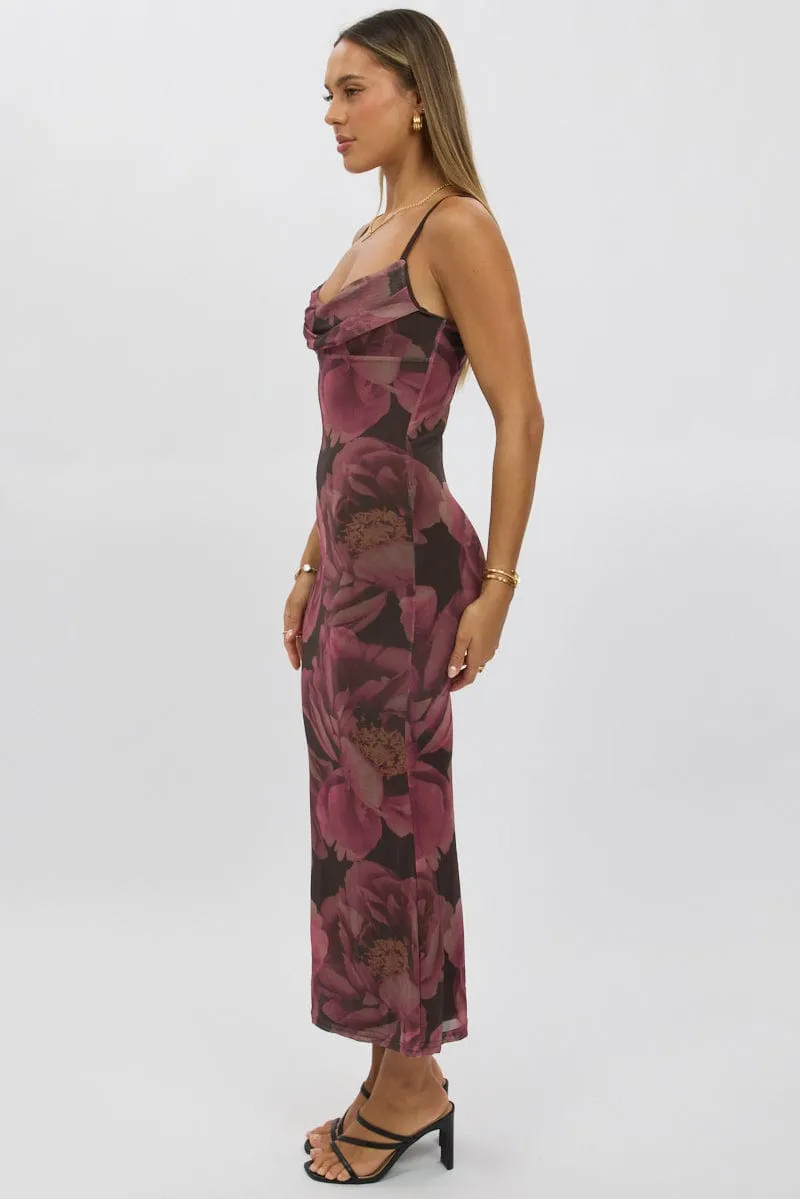 Pink Floral Bodycon Dress Singlet Cowl Neck Maxi