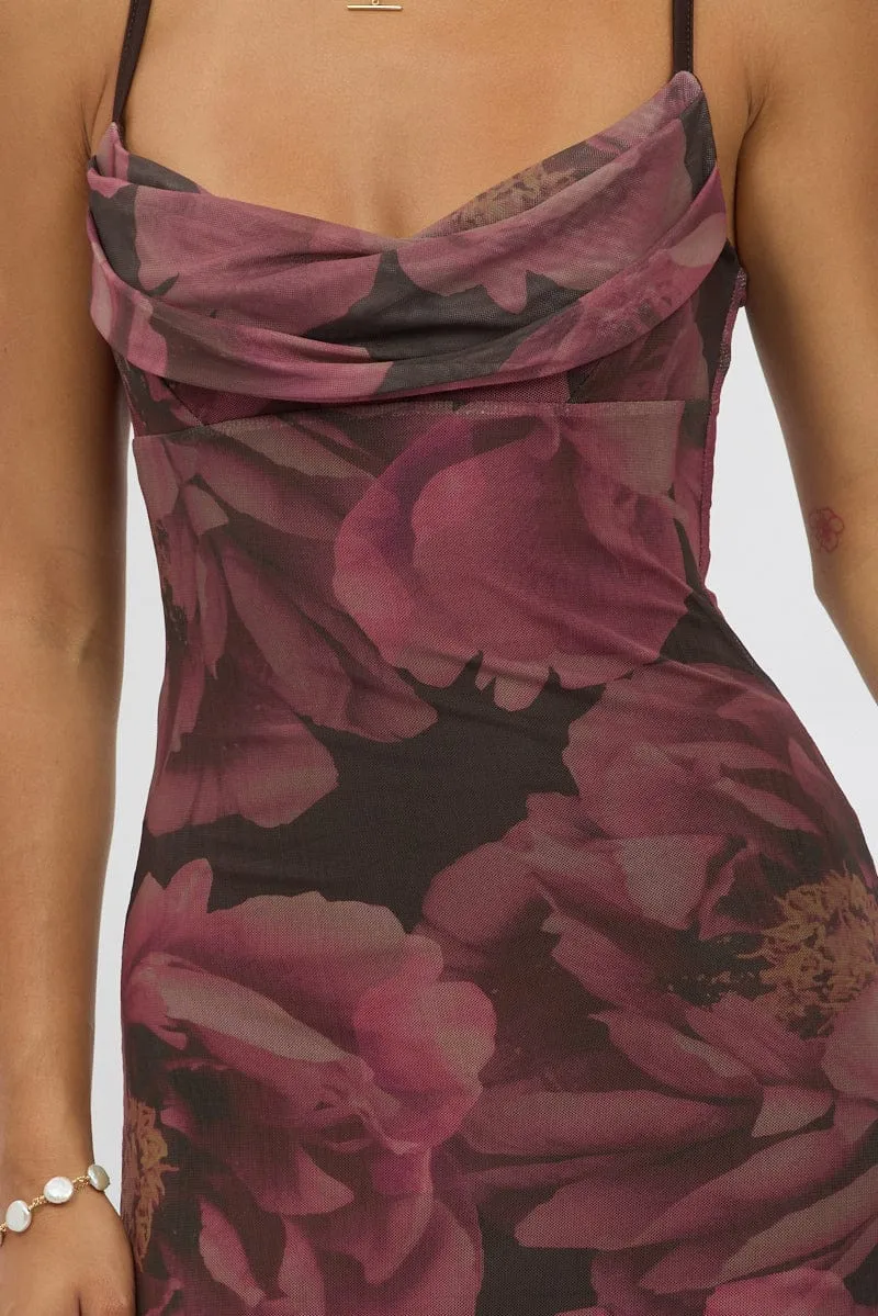 Pink Floral Bodycon Dress Singlet Cowl Neck Maxi