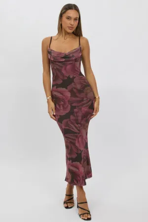 Pink Floral Bodycon Dress Singlet Cowl Neck Maxi