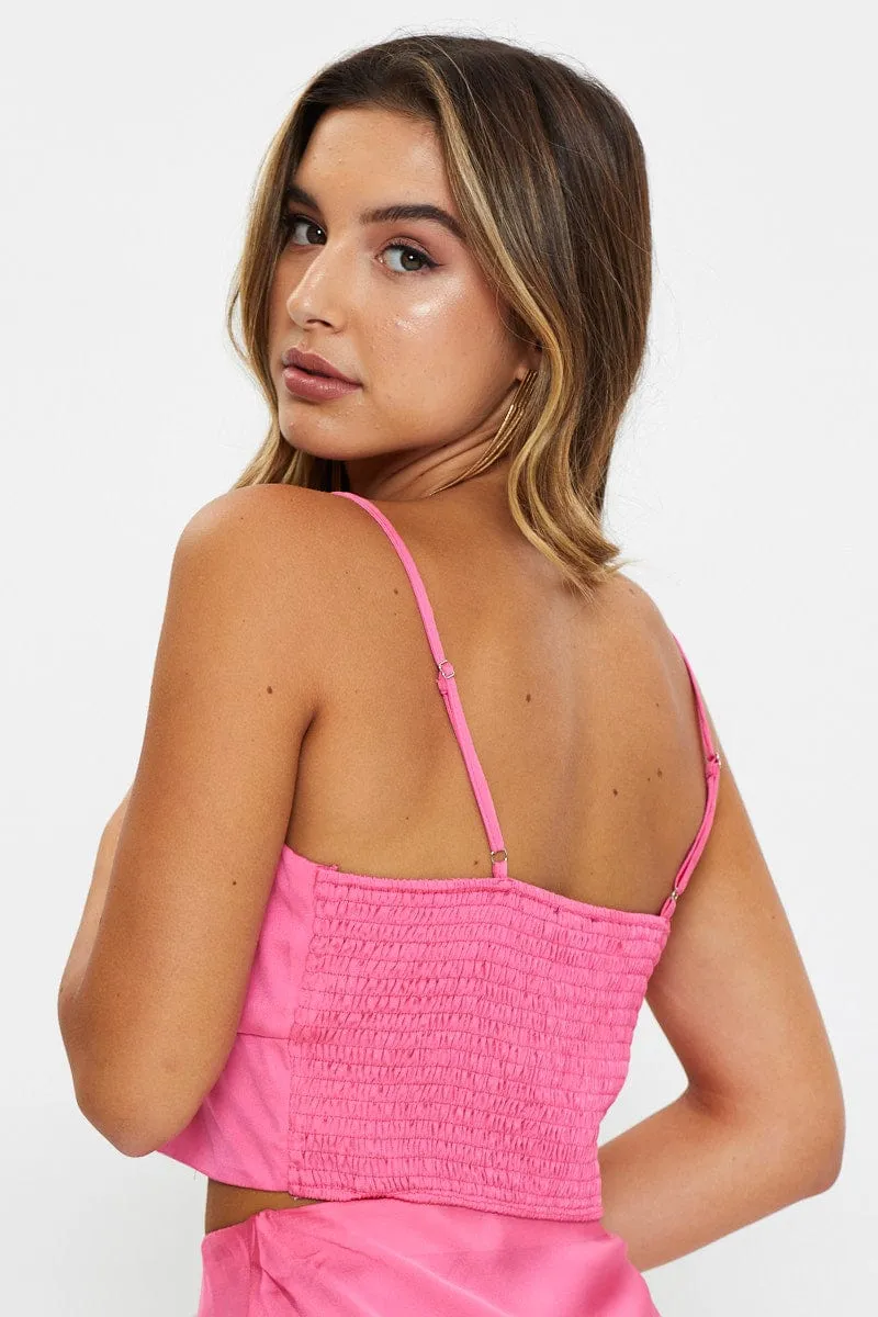 Pink Satin Ruched Singlet Crop Top