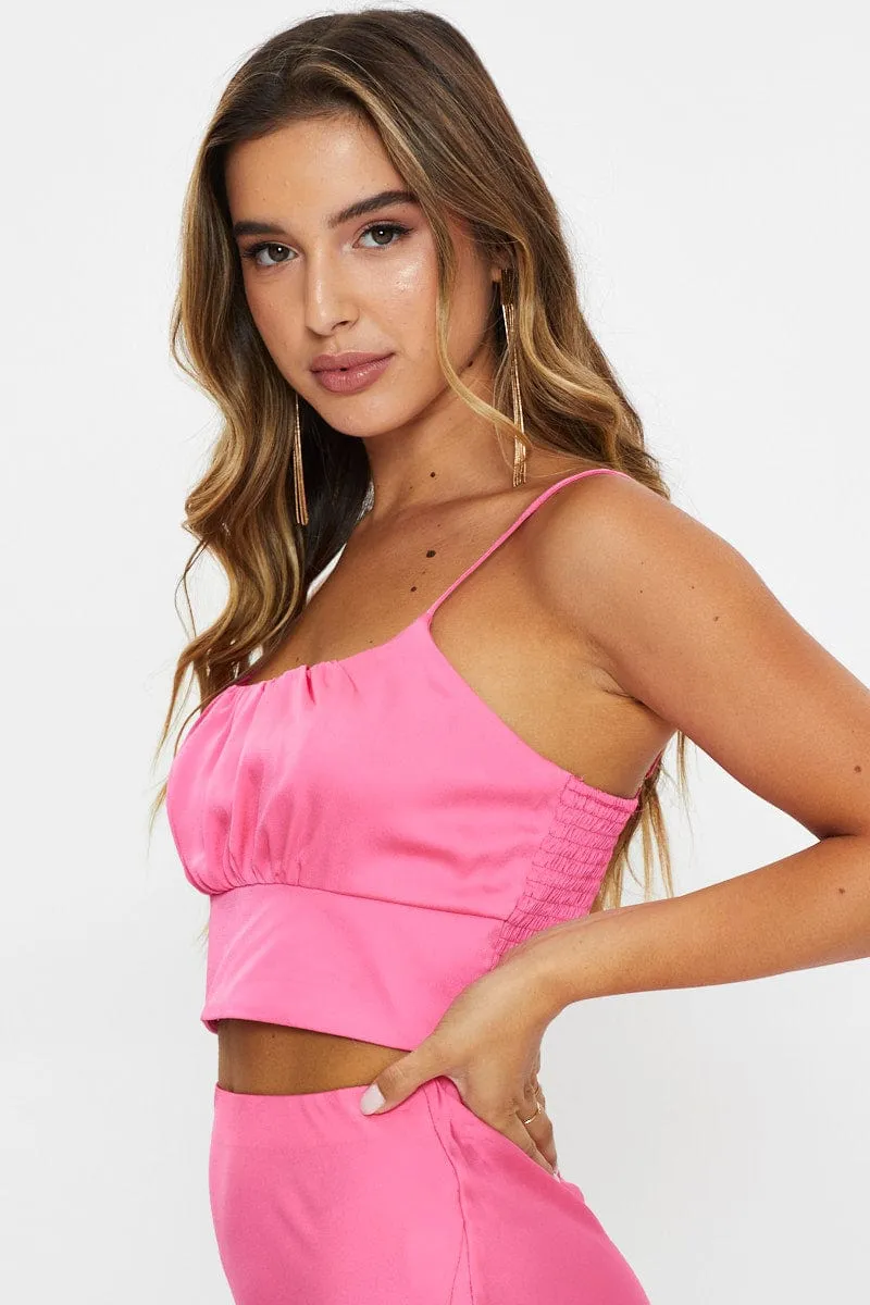 Pink Satin Ruched Singlet Crop Top