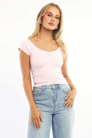 Pink Seamless Top Short Sleeve Picot Trim Rib