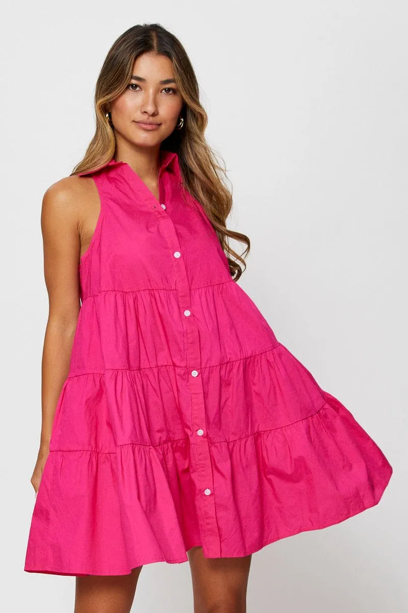 Pink Shirt Dress Sleeveless V Neck