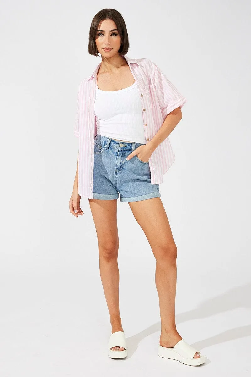 Pink Stripe Shirt Short Sleeve Collared Neck