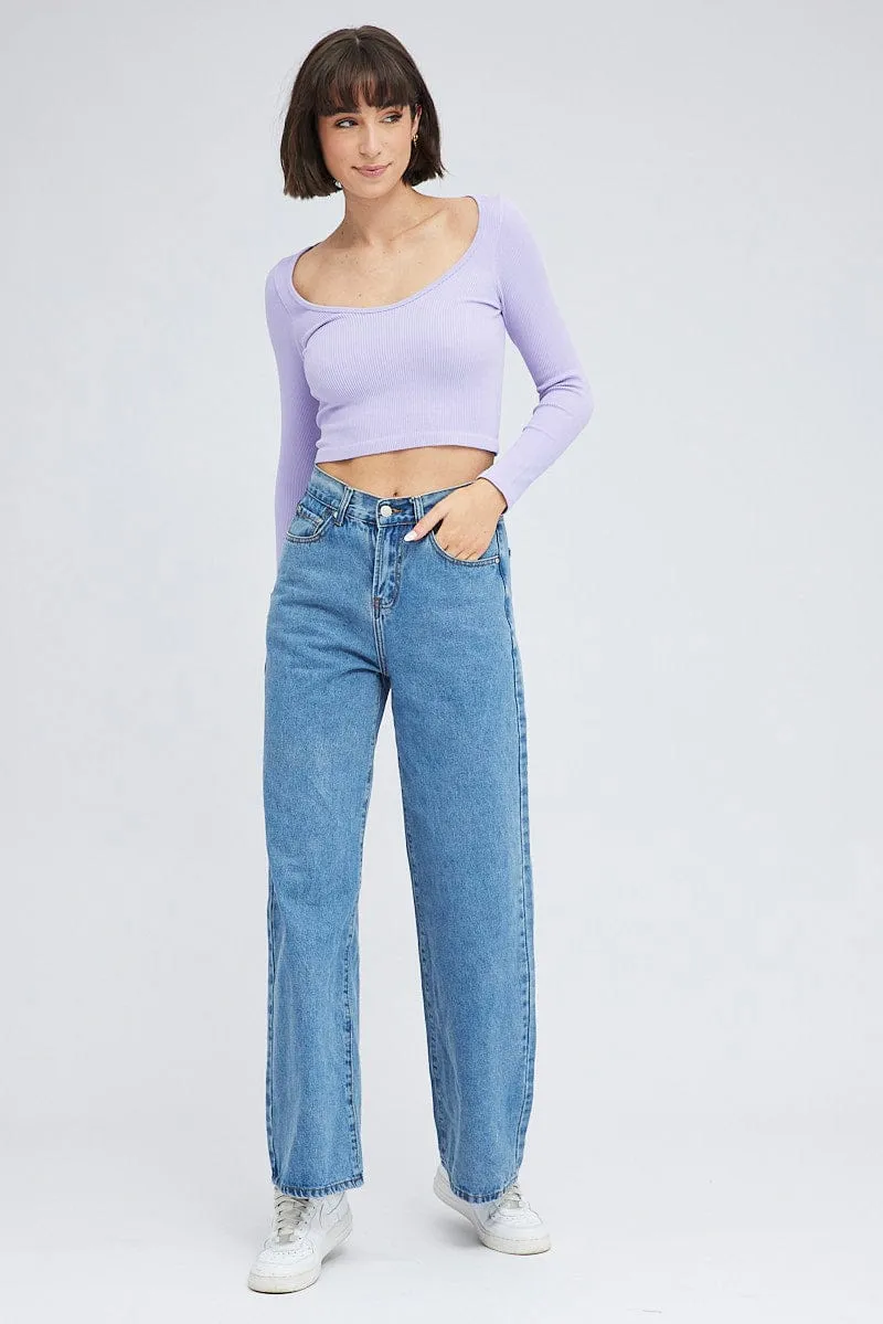 Purple Top Long Sleeve Scoop Neck Seamless