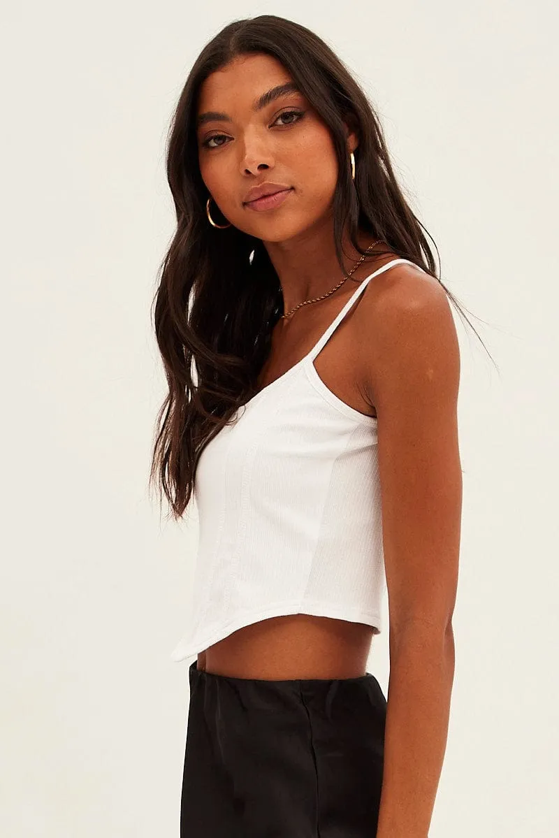 White Corset Singlet Sleeveless Scoop Neck Rib Jersey