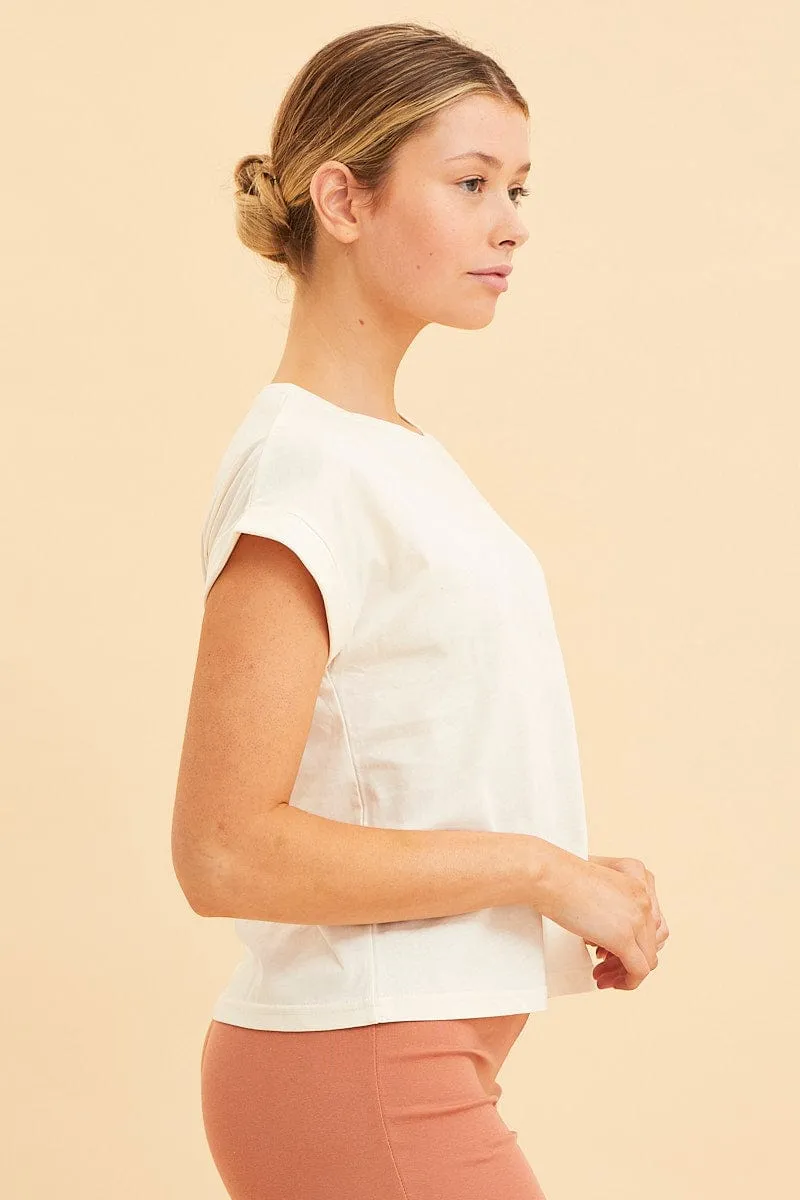 White Cropped T-Shirt Crew Neck Roll Sleeve Cotton
