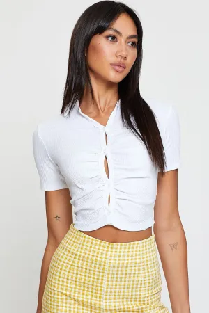 White Jersey Top Short Sleeve Collared Ruche