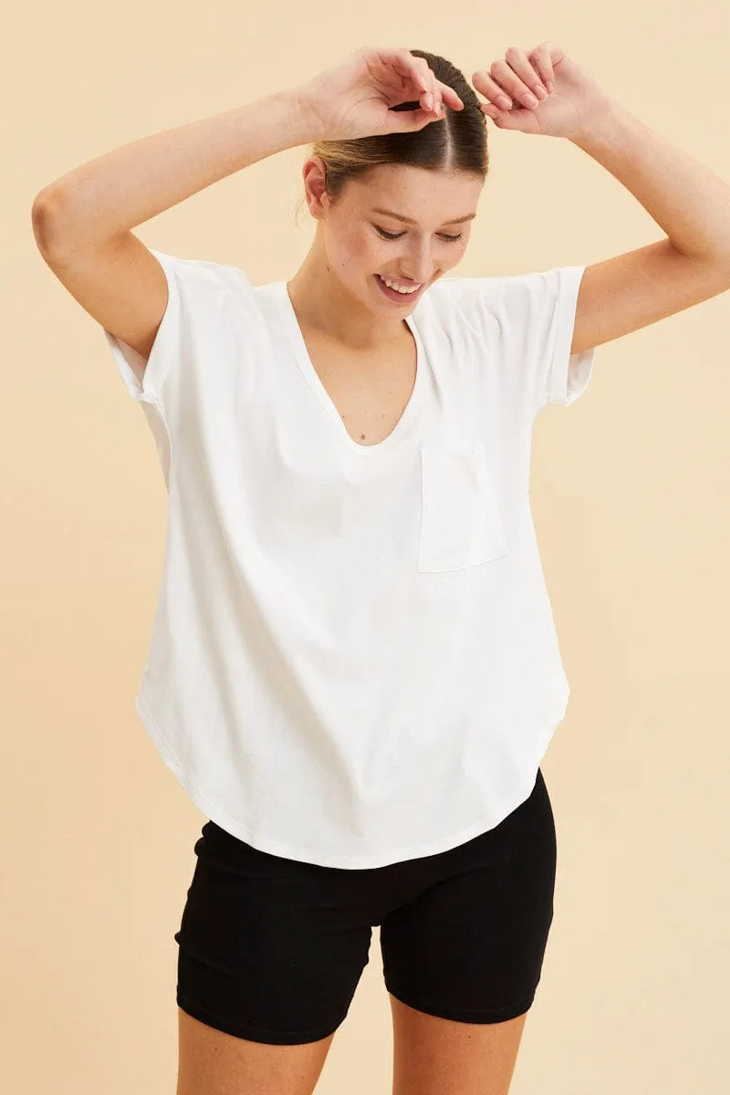 White Pocket Tee Scoop Neck Cotton Stretch Short Sleeve