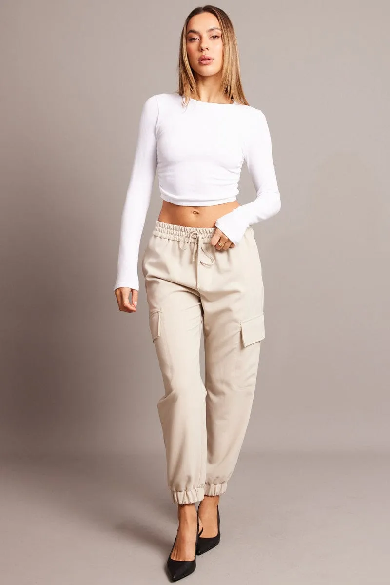 White Seamless Top Long Sleeve Side Ruched