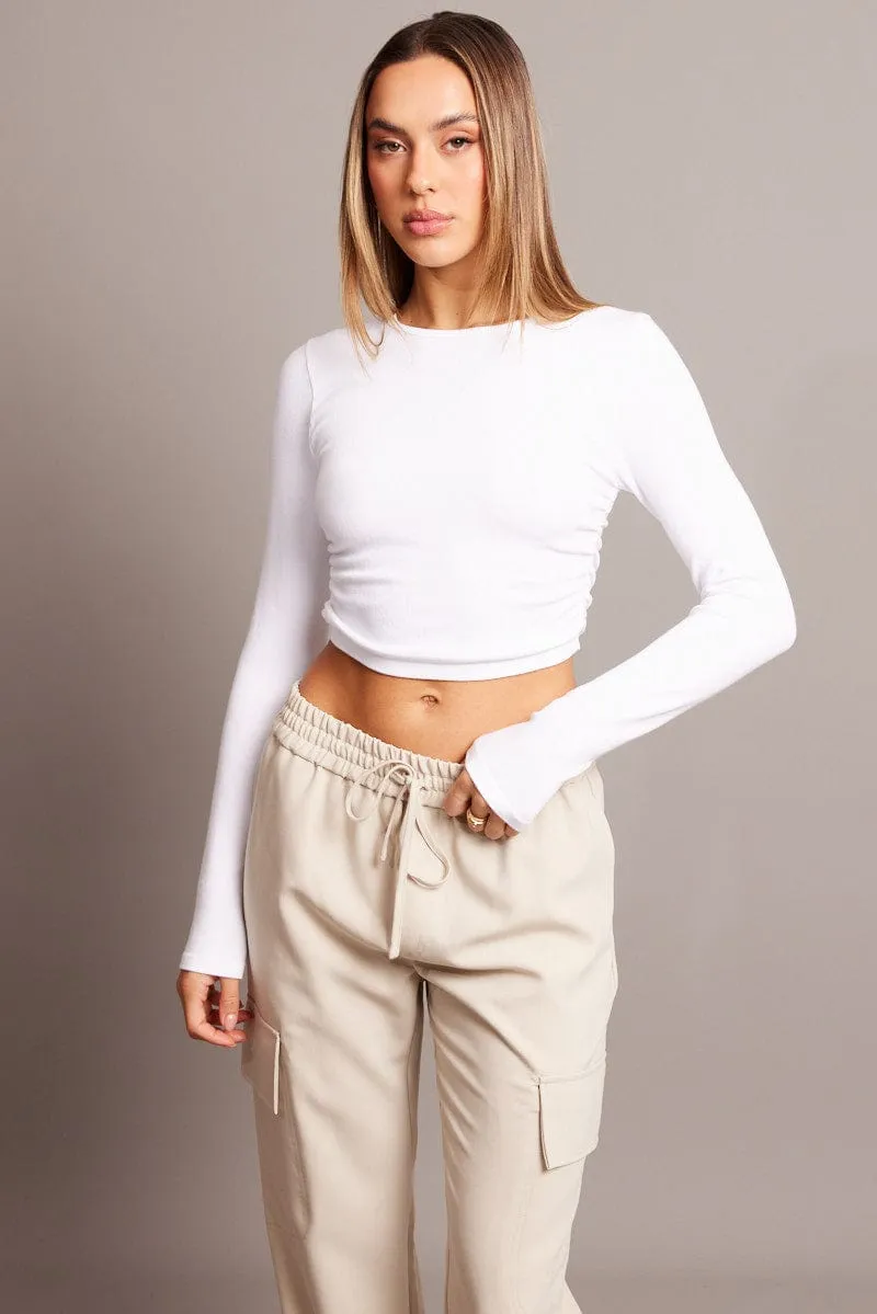 White Seamless Top Long Sleeve Side Ruched