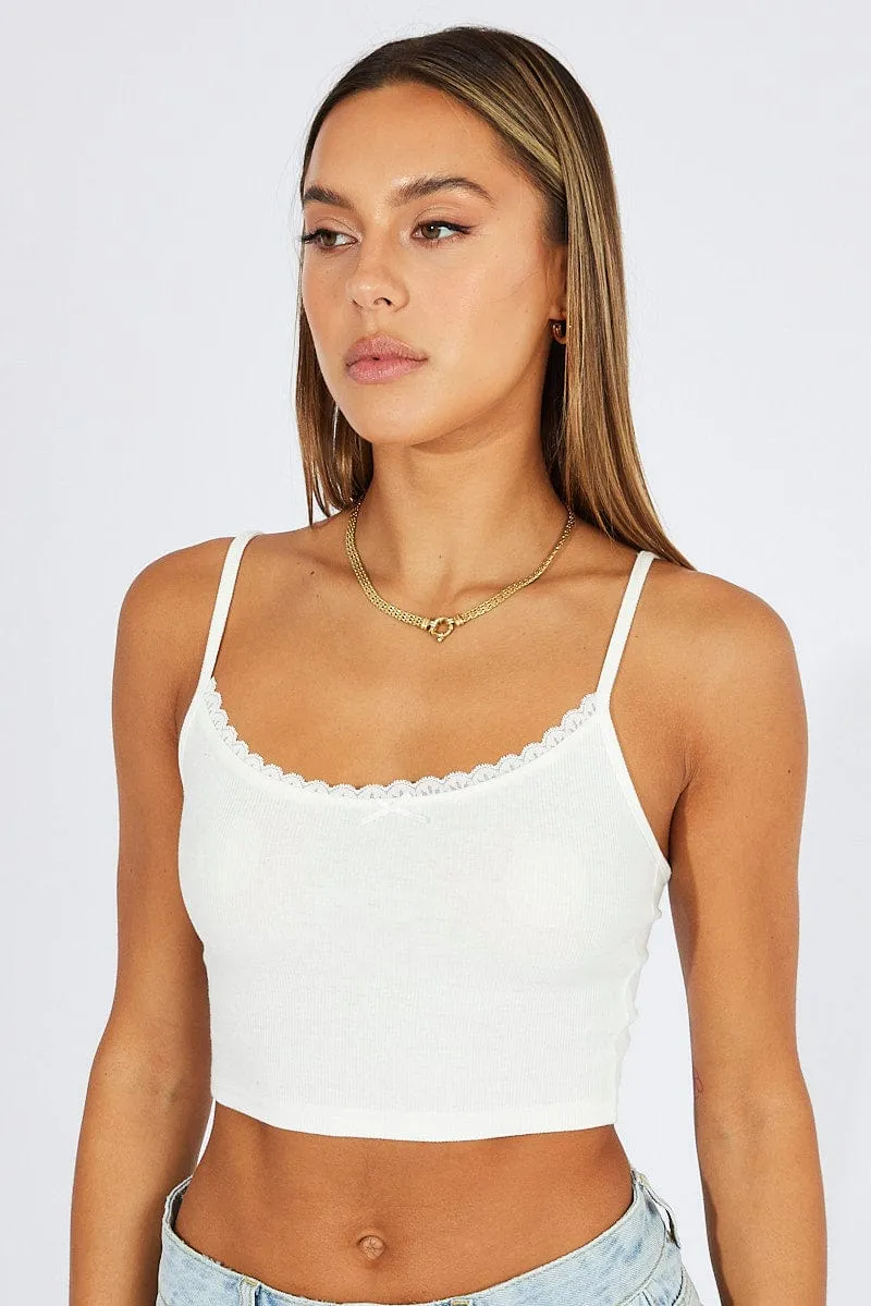 White Singlet Top Lace Trim Cropped