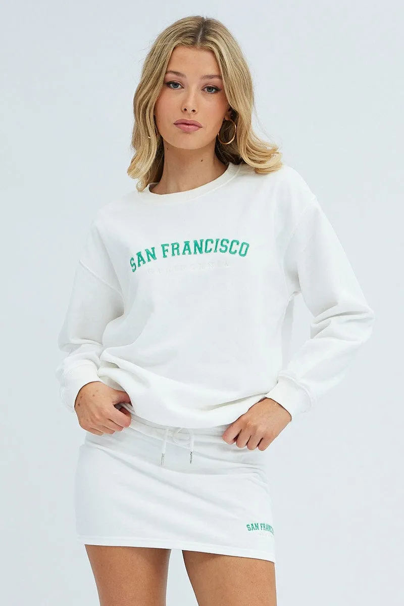 White Sweat Shirt Long Sleeve Crew Neck San Francisco