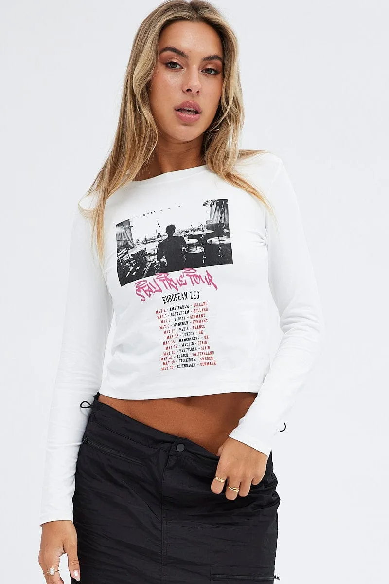 White Top Long Sleeve Crew Neck Semi-Crop Tour Graphic
